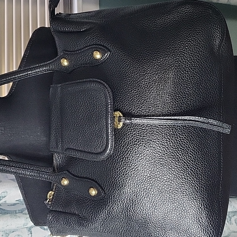 Annabel Ingall zip top black leather handbag/ shoulder / crossbody